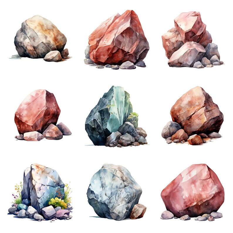 Watercolor Rocks Clipart, PNG Digital Files on Transparent Background ...