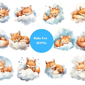 19 bébés renards sur des nuages aquarelle Clipart, clipart enfants, images individuelles PNG sur fond transparent, sublimation
