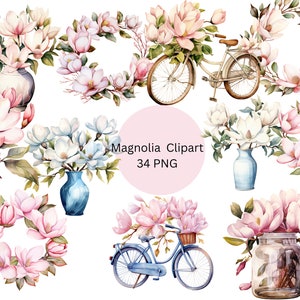 Watercolor Magnolia Clipart, PNG digital files on transparent background, sublimation, commercial use