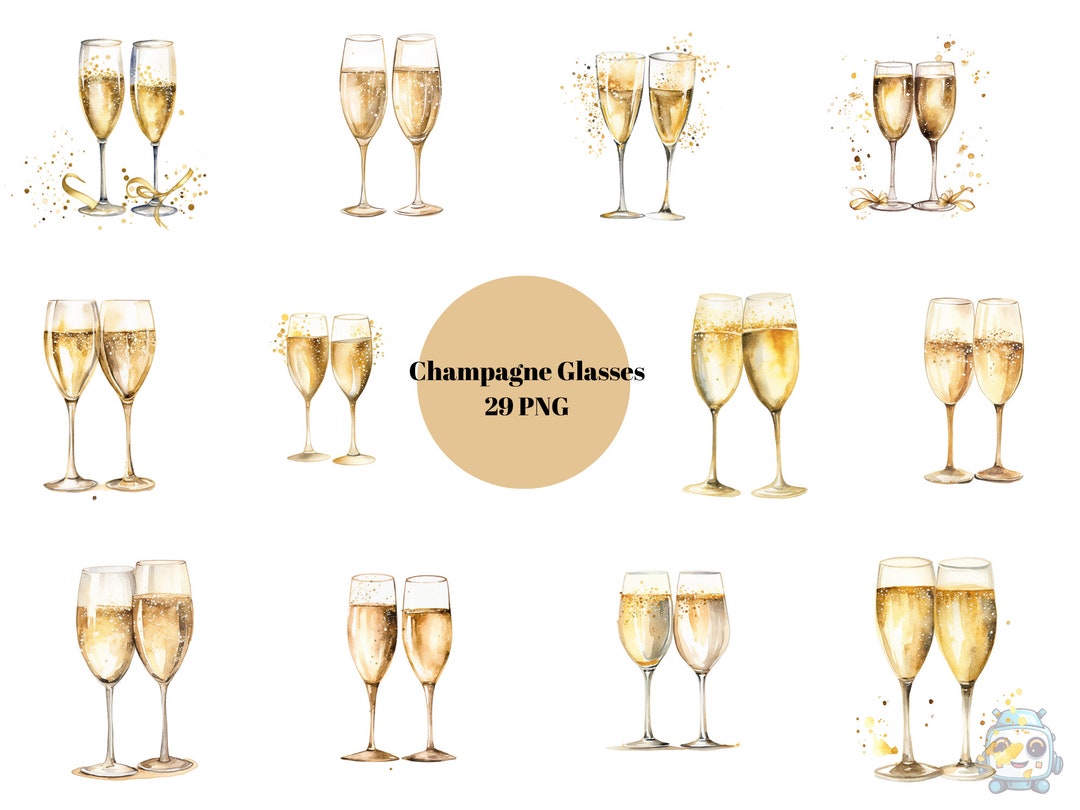 29 Champagne Glasses Watercolor Clipart, Champagne Clipart, PNG