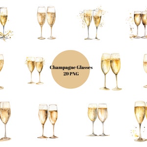 29 Champagnergläser Aquarell Clipart, Champagner Clipart, PNG Einzelbilder auf transparentem Hintergrund, Sublimation