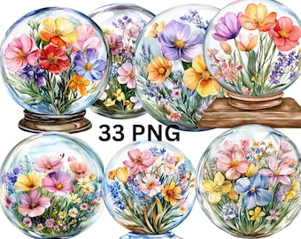 33 Spring Flowers Watercolor Clipart, Floral Clipart, PNG digital files on transparent background, sublimation, commercial use