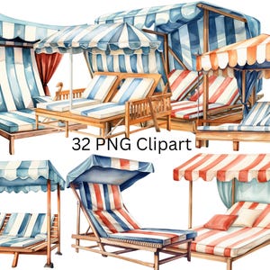 32 houten strandbed aquarel clipart, individuele png-afbeeldingen op transparante achtergrond, sublimatie, commercieel gebruik