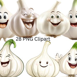 28 imágenes prediseñadas de ajos divertidos, imágenes prediseñadas de verduras, imágenes PNG individuales sobre fondo transparente, sublimación, uso comercial
