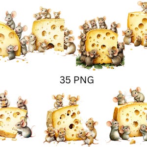 Imágenes prediseñadas de adorables ratones y queso: 35 PNG de lindos ratones de dibujos animados con queso, imágenes PNG individuales sobre fondo transparente, sublimación