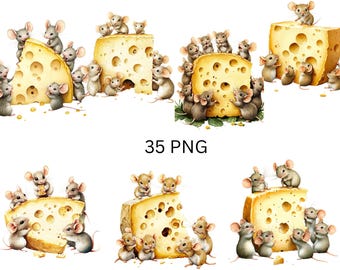 Bedårande möss och ost Clipart - 35 PNG söta tecknade möss med ost, PNG individuella bilder på transparent bakgrund, sublimering