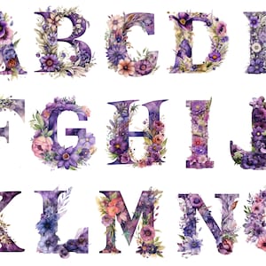Aquarela Floral Violet Alphabet Clipart, Floral Alphabet, fundo transparente, alta qualidade, clipart, 12x12, uso comercial