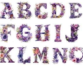 Watercolor Floral Violet Alphabet Clipart , Floral Alphabet, transparent background, high quality, clipart, 12x12, commercial use