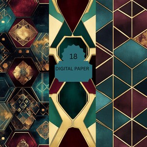 Confezione di carta digitale geometrica di lusso - Motivi smeraldo, bordeaux e oro per eleganti creazioni, inviti e diari