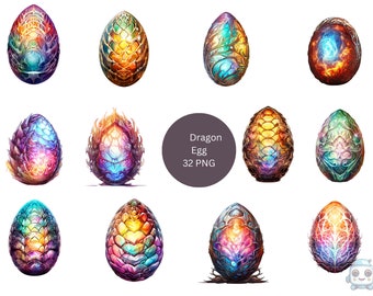 32 Dragon Eggs Watercolor Clipart, Fantasy Clipart, PNG individual images on transparent background, sublimation