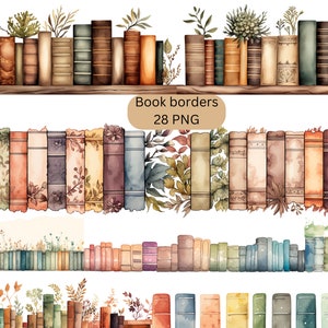 May include: A set of 28 watercolour illustrations of book borders. The borders feature various colours and designs, including floral patterns, leaves, and books with different textures. The illustrations are perfect for adding a touch of vintage charm to your projects.