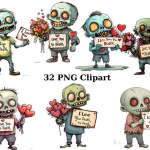 32 Valentine Zombies Aquarell Clipart, Valentine Clipart, PNG einzelne Bilder auf transparentem Hintergrund, Sublimation