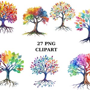 Collection de cliparts d'arbres colorés, 27 images PNG, parfaites pour les conceptions sur le thème écologique, arrière-plan transparent
