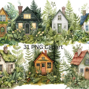 31 maisons en fougère aquarelle Clipart, clipart maisons, images individuelles PNG sur fond transparent, sublimation, usage commercial
