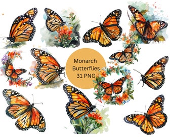 Watercolor Monarch Butterfly Clipart, PNG digital files on transparent background, sublimation, commercial use