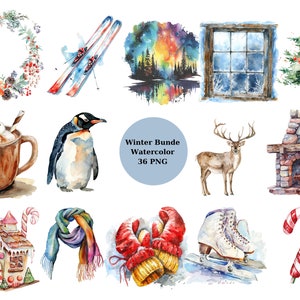 36 Watercolor Winter Bundle Clipart, PNG individual images on transparent background, sublimation, commercial use