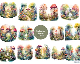 22 Enchanted Forest Watercolor Clipart, Mushroom Clipart, PNG digital files on transparent background, sublimation, commercial use