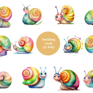 25 lächelnde Schnecken Aquarell Clipart, Kinder Clipart, PNG einzelne Bilder auf transparentem Hintergrund, Sublimation