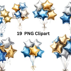 Puede incluir: Un conjunto de 19 imágenes PNG clipart con globos en forma de estrella en colores azul, dorado y plateado. Los globos están dispuestos en varios grupos, creando un ambiente festivo y alegre.