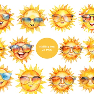 23 Smiling Suns Watercolor Clipart, Kids Clipart, Cartoon Clipart, PNG individual images on transparent background, sublimation