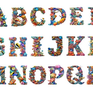 Imágenes prediseñadas del alfabeto de peces coloridos de acuarela, imágenes individuales PNG sobre fondo transparente, sublimación, uso comercial