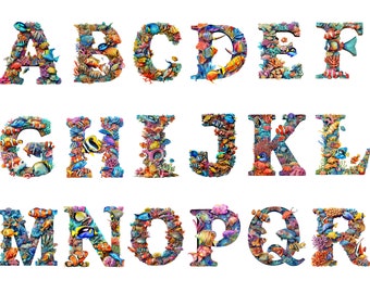 Watercolor Colorful Fish Alphabet Clipart, PNG individual images on transparent background, sublimation, commercial use