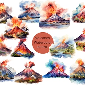 Watercolor Volcanos Clipart, PNG digital files on transparent background, sublimation, commercial use