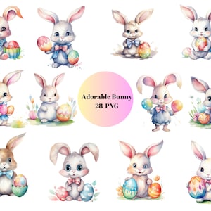 28 Adorable Bunny Watercolor Clipart, Easter Clipart, PNG individual images on transparent background, sublimation