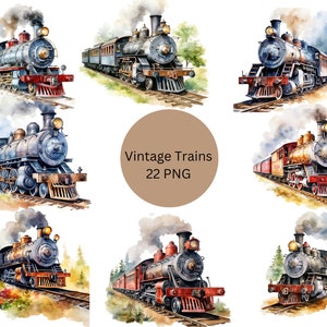 Acuarela Vintage Trains Clipart, archivos digitales PNG sobre un fondo transparente, álbum de recortes, invitaciones