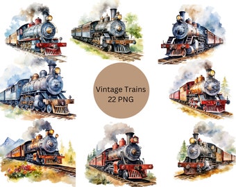 Watercolor Vintage Trains Clipart, PNG digital files on a transparent background, scrapbook, invitations