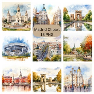 aquarelle Madrid clipart, fichiers numériques PNG sur fond transparent, sublimation, utilisation commerciale