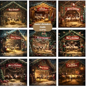 14 Clipart acquerello della stalla delle renne di Babbo Natale, Clipart natalizio, immagini PNG singole su sfondo trasparente, sublimazione