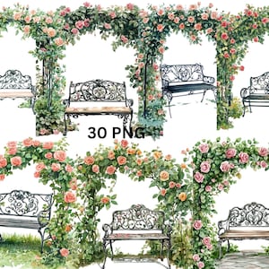 30 Garden Benches Watercolor Clipart, PNG individual images on transparent background, sublimation