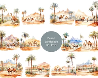 35 Desert Landscapes Watercolor Clipart, Desert Clipart, PNG individual images on transparent background, sublimation