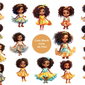 49 Cute Little Black Girls Clipart, vibrazioni estive, singole immagini PNG su sfondo trasparente, sublimazione, uso commerciale