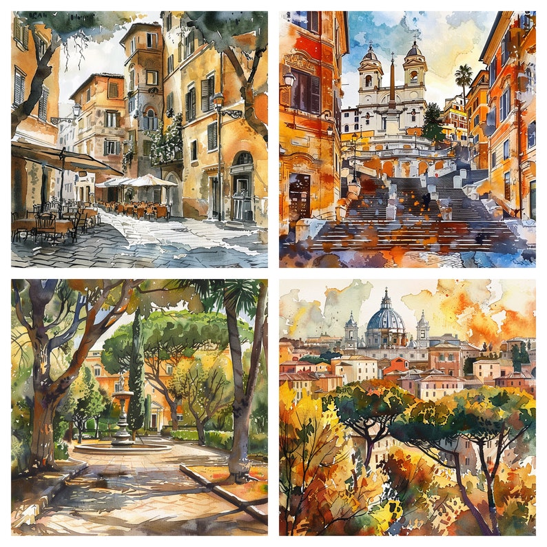 Watercolor Rome Clipart, Warm Colors, Colosseum Clipart, PNG Individual ...