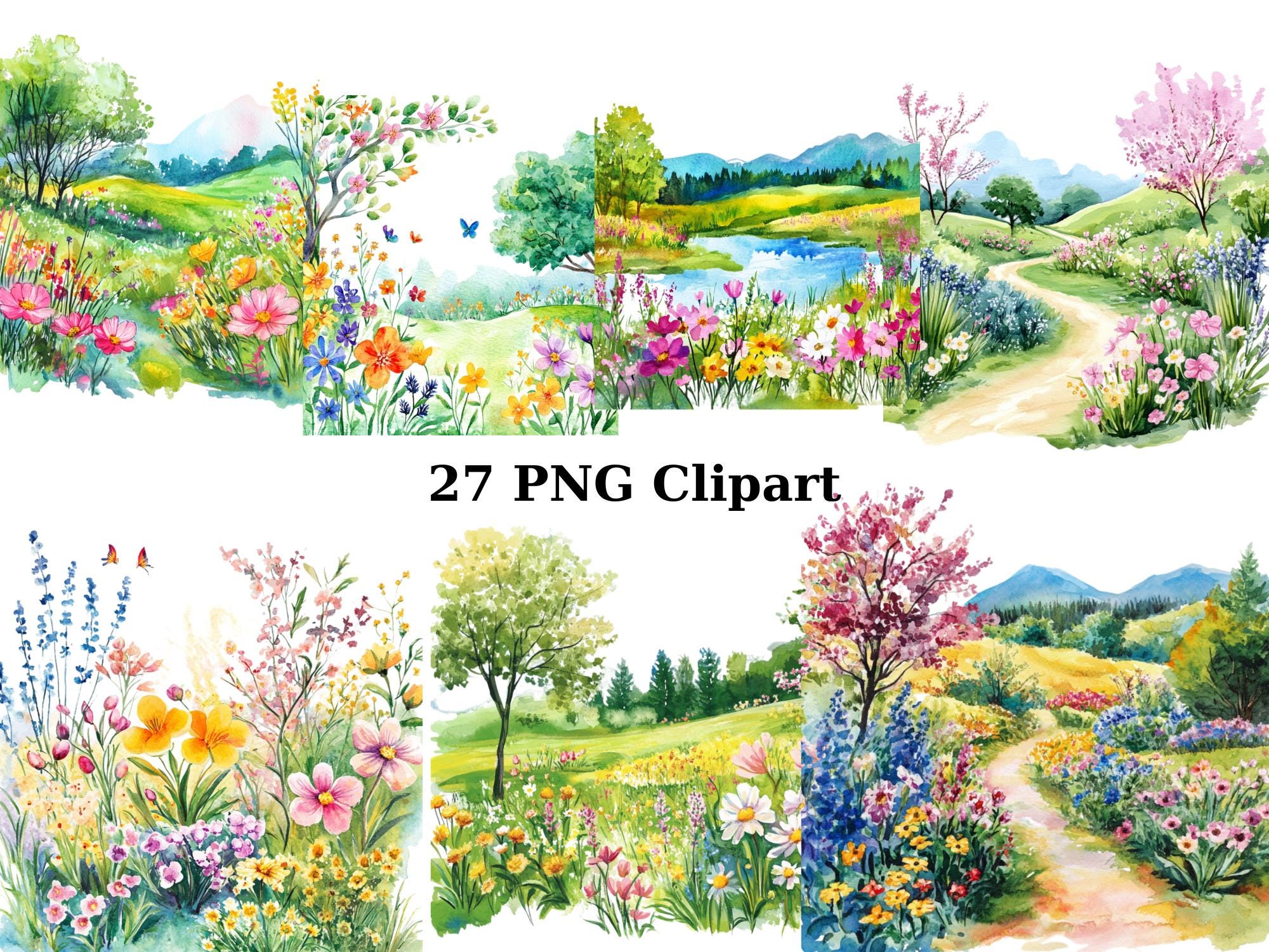 27 Spring Landscapes Watercolor Clipart, Floral Clipart, PNG individual images on transparent background, sublimation