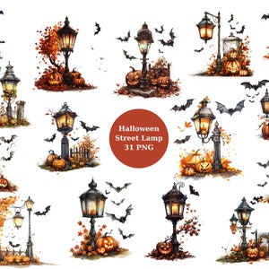 Halloween straatlantaarn aquarel clipart, halloween clipart, individuele png-afbeeldingen op transparante achtergrond, sublimatie