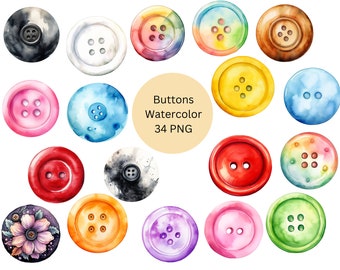 Puede incluir: Un conjunto de 34 ilustraciones de botones en acuarela en varios colores y diseños. Los botones son redondos y tienen diferentes números de agujeros. El texto "Buttons Watercolor 34 PNG" es visible en la imagen.