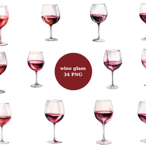 34 Weingläser Aquarell Clipart, Wein Clipart, PNG einzelne Bilder auf transparentem Hintergrund, Sublimation