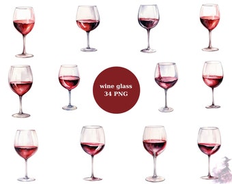 34 Wine Glasses Watercolor Clipart, Wine Clipart, PNG individual images on transparent background, sublimation