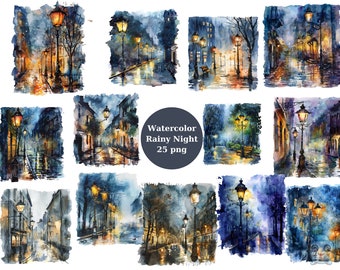 Watercolor Rainy Night Clipart, PNG digital files on a transparent background, scrapbook, sublimation, commercial use