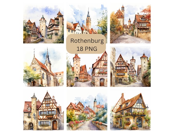 Watercolor Rothenburg Clipart, Rothenburg ob der Tauber PNG images, commercial use
