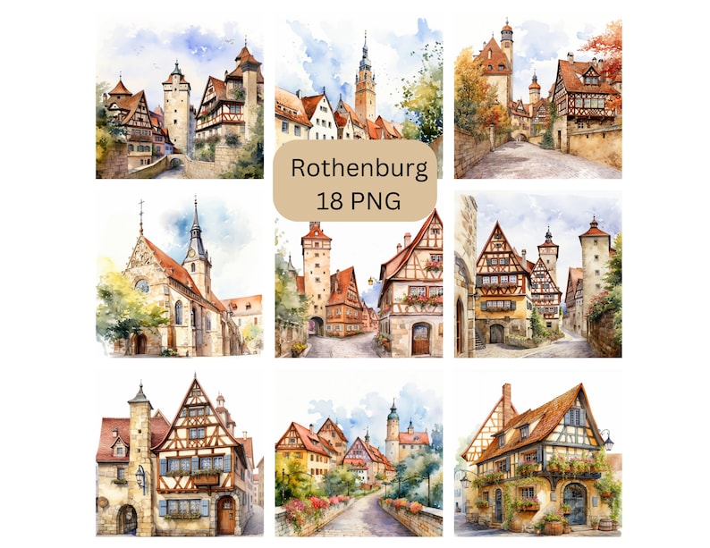 May include: A watercolor painting of a medieval German town, Rothenburg, with colorful buildings, cobblestone streets, and a church steeple. The painting is titled "Rothenburg 18 PNG".