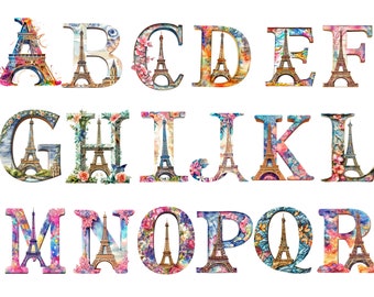 May include: An alphabet with each letter featuring a watercolor illustration of the Eiffel Tower in Paris, France. The letters are in a colorful floral design with pink, blue, green, and yellow hues.