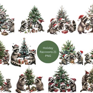 21 cliparts de vacances de ratons laveurs, clipart Noël, images individuelles PNG sur fond transparent, sublimation