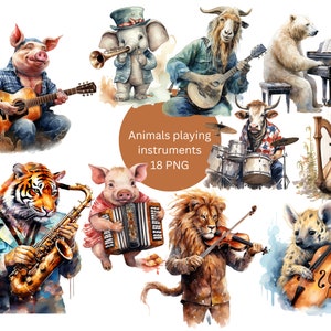Aquarel dieren die instrumenten spelen Clipart, digitale PNG-bestanden op transparante achtergrond, sublimatie, commercieel gebruik