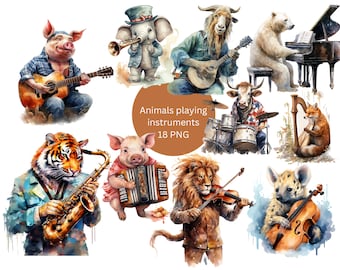 Watercolor Animals playing instruments Clipart, PNG digital files on transparent background, sublimation, commercial use