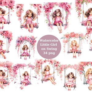Niña en columpio acuarela Clipart, fondo transparente, alta calidad, imágenes prediseñadas, 12x12, uso comercial