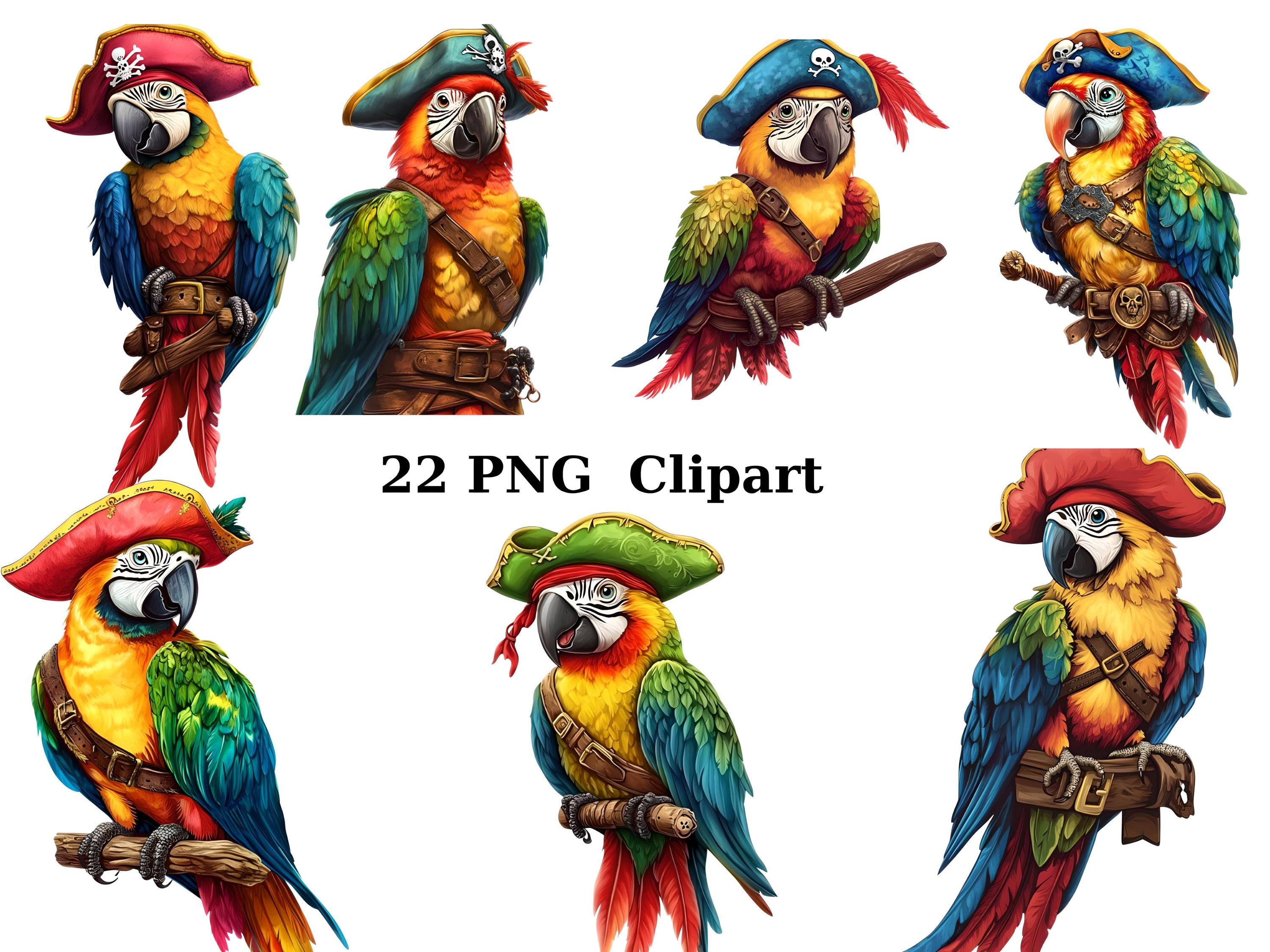 22 Pirate Parrots Watercolor Clipart, Animals Clipart, PNG individual images on transparent background, sublimation